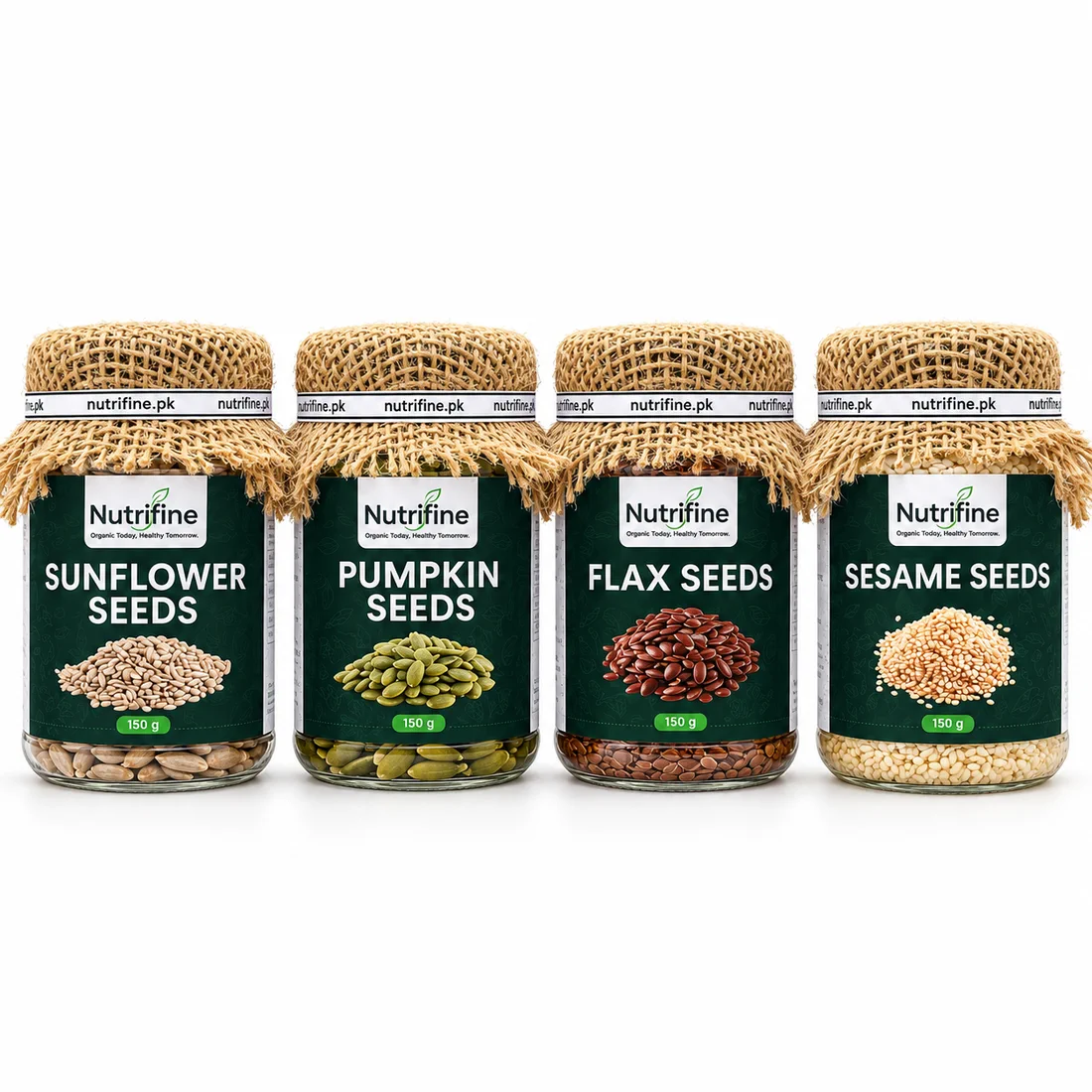 NutriFine flax, pumpkin, sesame and sunflower seed jars